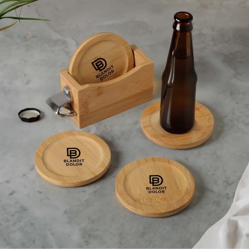 Custom Bamboo Coaster Set w/ Bottle Opener
