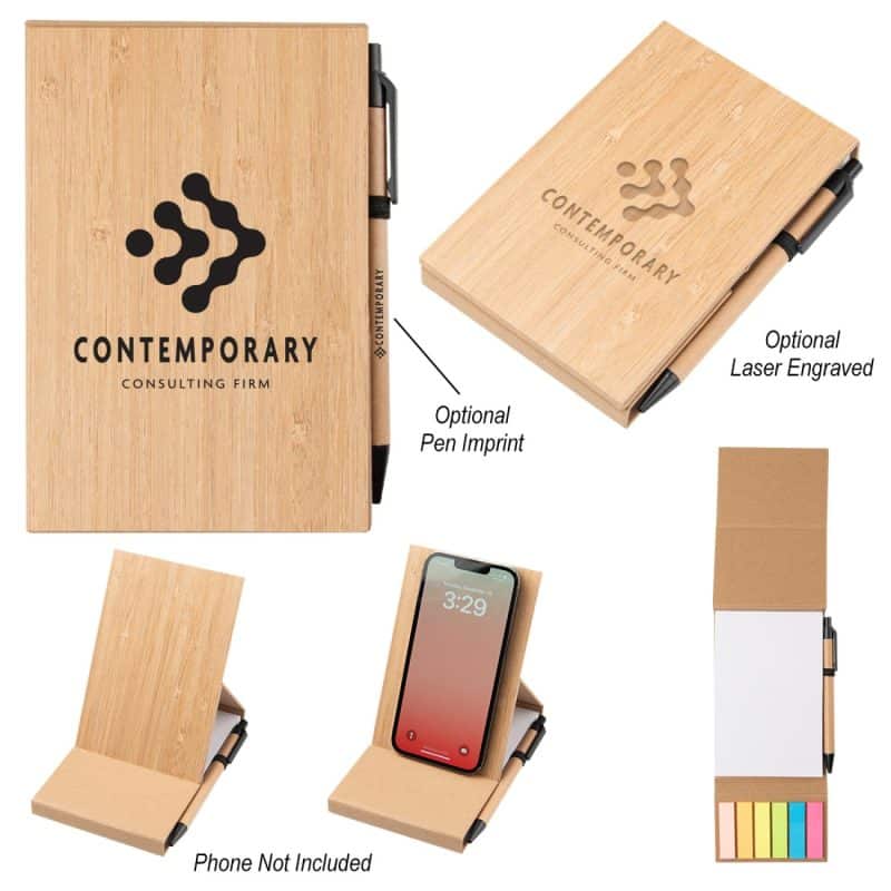 Custom Bamboo Desk Jotter With Phone Stand
