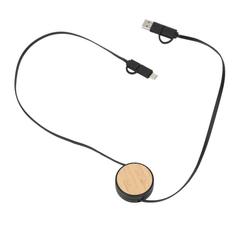 Custom FSC® 100% Bamboo Retractable 5-in-1 Charging Cable - 1