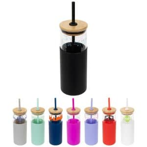 Custom Stirling 18 oz Glass Tumbler with Silicone Sleeve & PP Straw