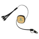 Custom Bamboo Retractable 3-in-1 Charging Cable with Dual Inputs