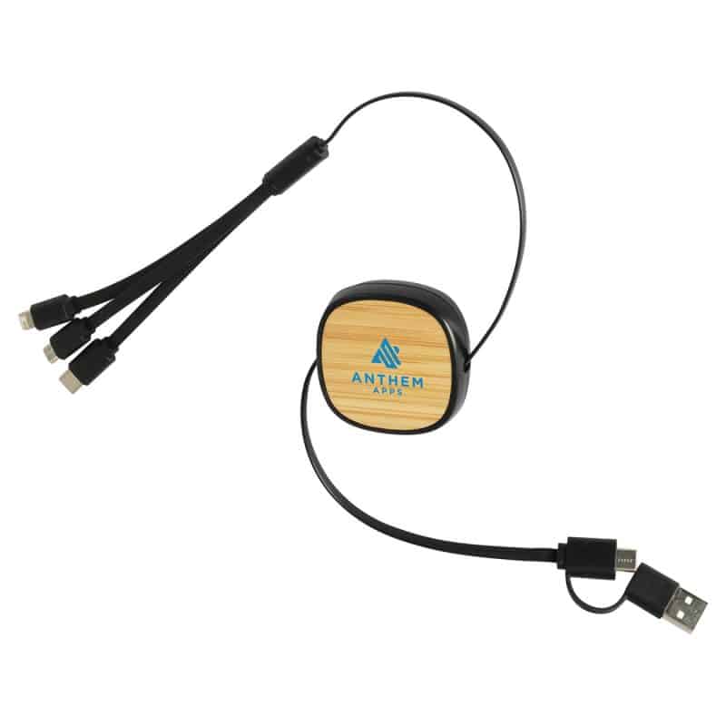 Custom Bamboo Retractable 3-in-1 Charging Cable with Dual Inputs