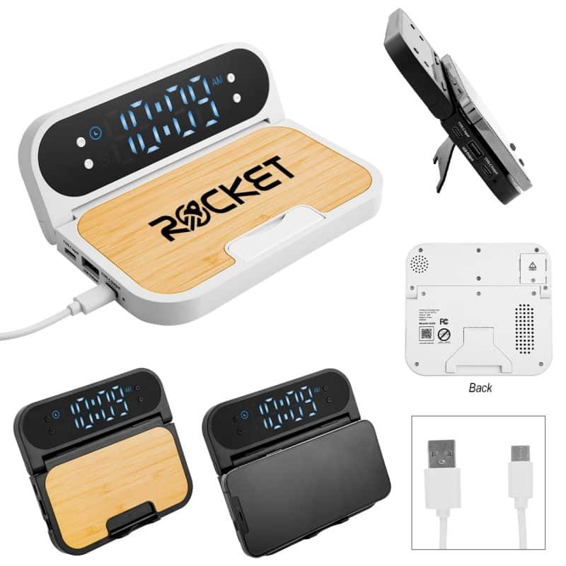Custom 15w Bamboo Folding Charger With Digital Clock