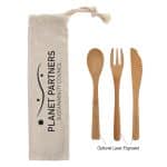 Custom 3 Piece Bamboo Utensil Set In Travel Pouch