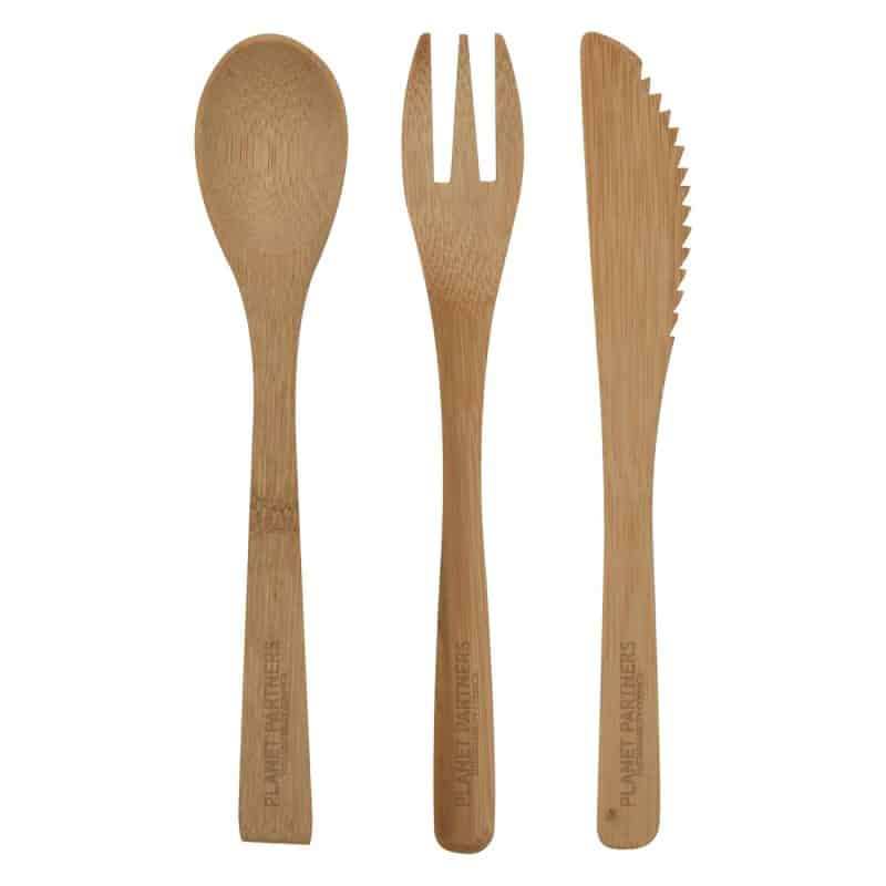 Custom 3 Piece Bamboo Utensil Set In Travel Pouch - 2