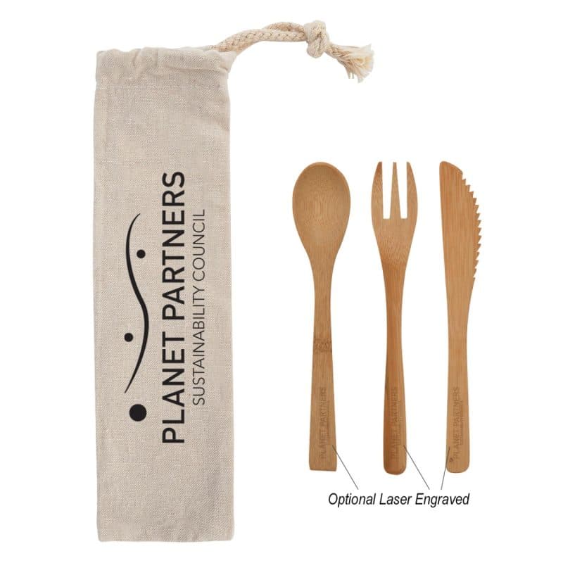 Custom 3 Piece Bamboo Utensil Set In Travel Pouch