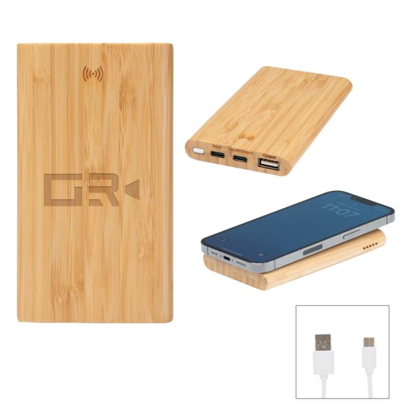 Custom 5000 Mah Bamboo Power Bank & 10w Wireless Charger