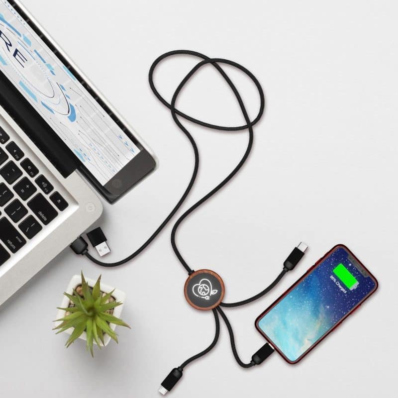 Custom Bamboo 5-in-1 Charging Cable with Light-Up Logo - 1