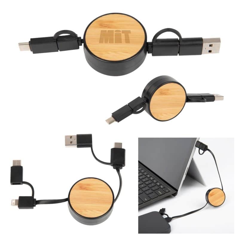 Custom Bamboo Retractable 3-in-1 Charging Cable