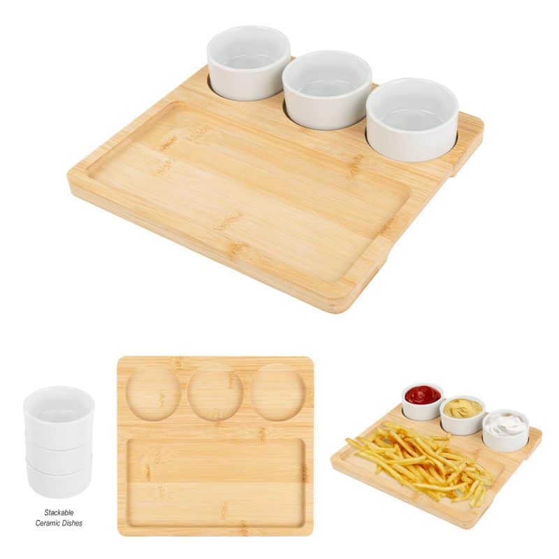 Custom Bamboo Serving Tray With Ceramic Bowls - 1