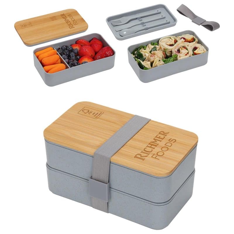 Custom Double Decker Lunch Box with FSC® Bamboo Lid & Utensils - 2
