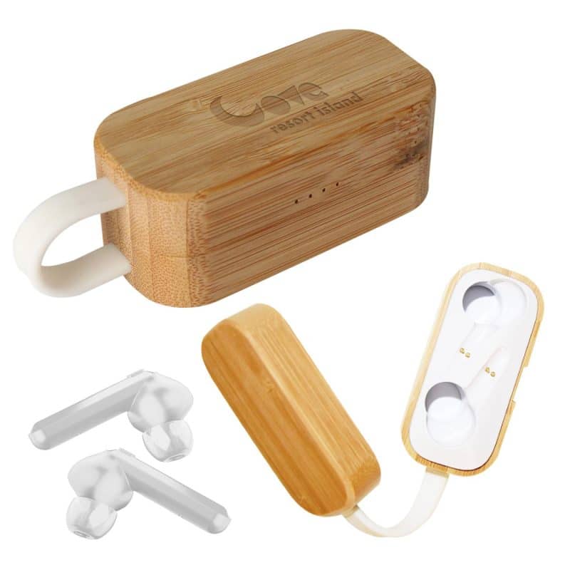 Custom Tws Earbuds In Bamboo Charging Case