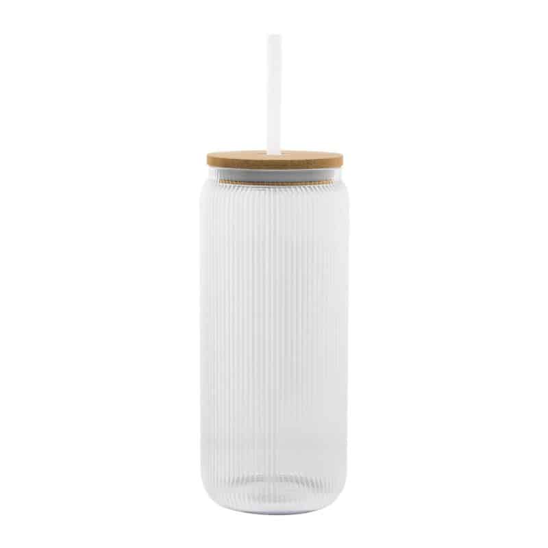 Custom 20 Oz. Ribbed Borosilicate Glass Can With Bamboo Lid - 1