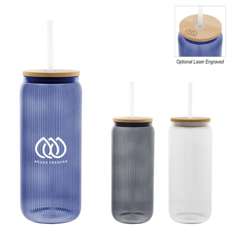 Custom 20 Oz. Ribbed Borosilicate Glass Can With Bamboo Lid