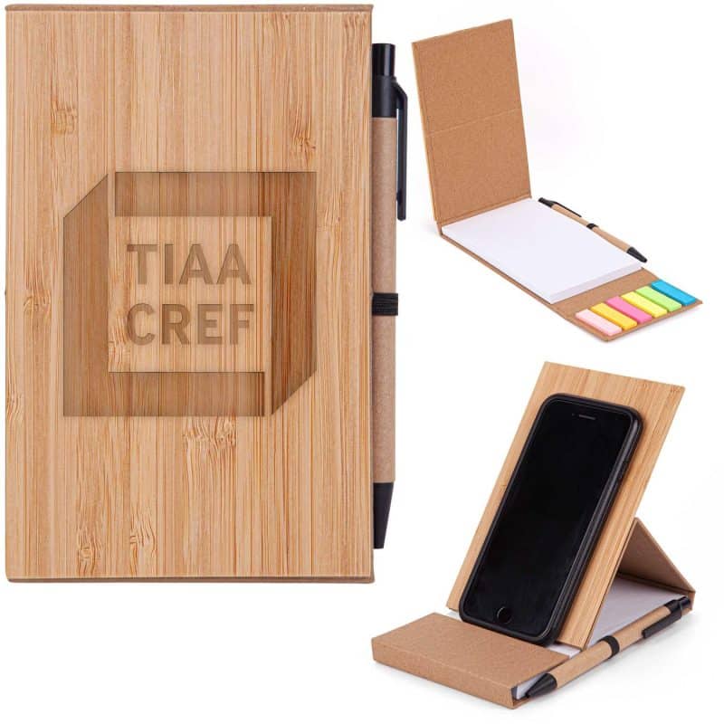 Custom Bamboo Phone Holder Notepad & Pen Set w/Sticky Notes