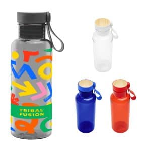 Custom 20 Oz. Full Color Cade Rpet Bottle With Bamboo Accent Lid And Silicone Easy Carry Handle