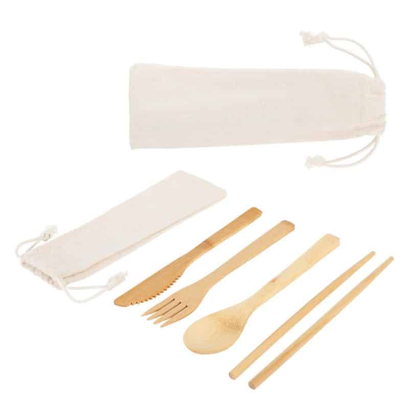 Custom Bamboo Cutlery Set In Cotton Drawstring Pouch - 1
