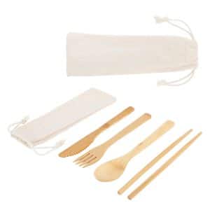 Custom Bamboo Cutlery Set In Cotton Drawstring Pouch