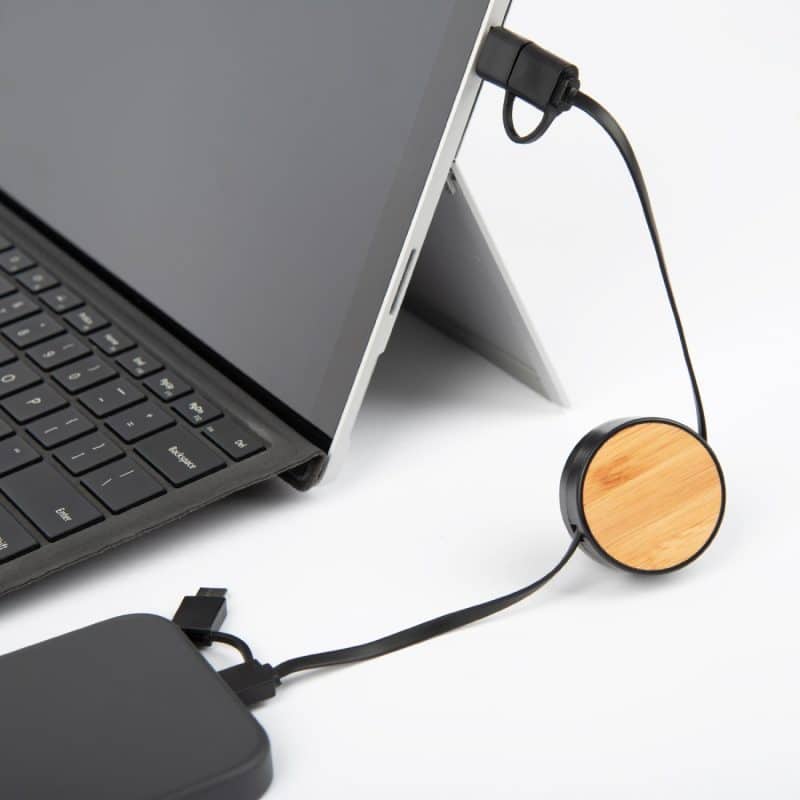 Custom Bamboo Retractable 3-in-1 Charging Cable - 7