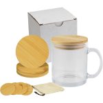 Custom Glass Mug & Bamboo Coaster Gift Set in White Box - 1