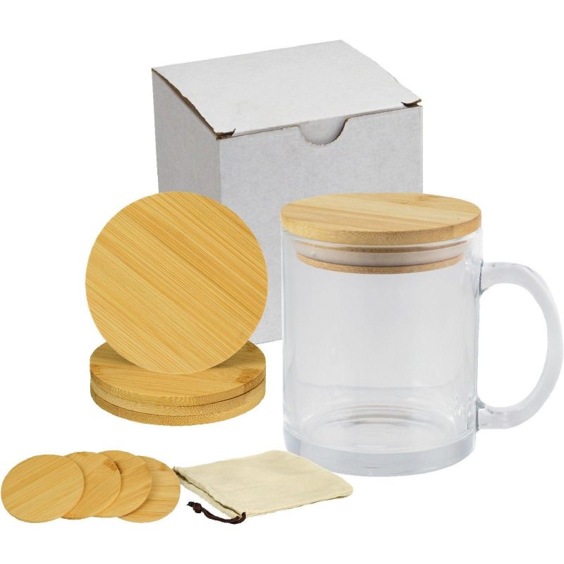 Custom Glass Mug & Bamboo Coaster Gift Set in White Box - 1