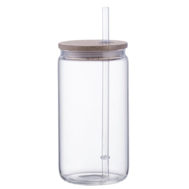 Custom 18 oz Can Glass with Bamboo Lid and Plastic Straw - 1