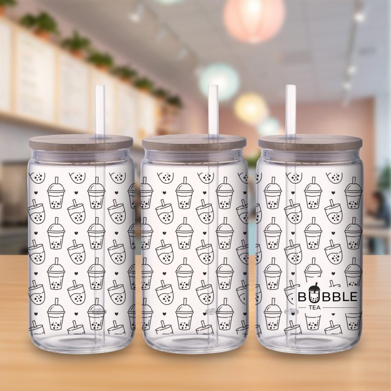 Custom 18 oz Can Glass with Bamboo Lid and Plastic Straw