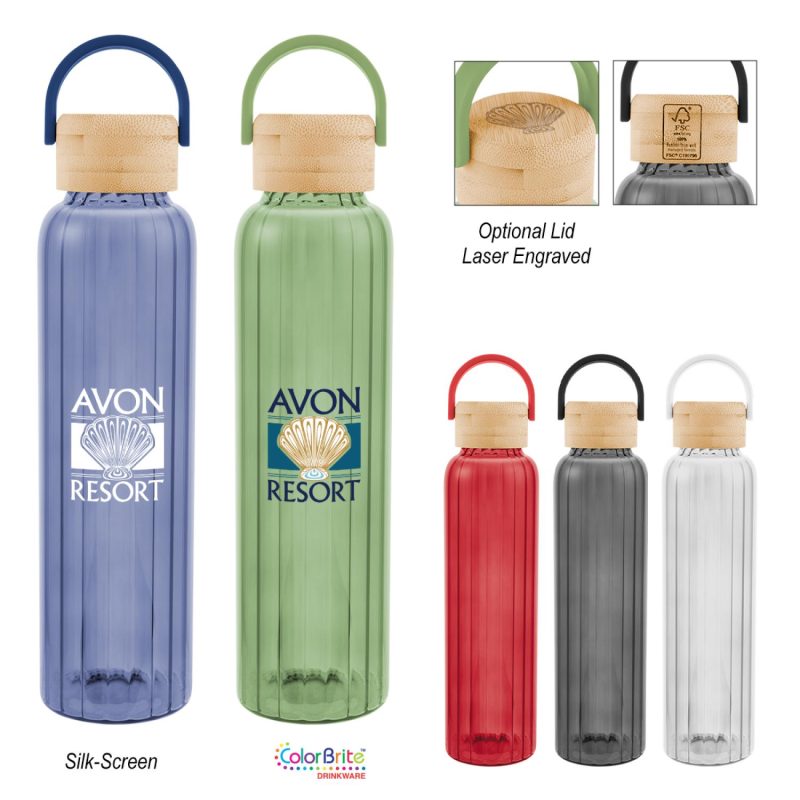 Custom 20 Oz. Ribbed Borosilicate Glass Bottle With Bamboo Lid