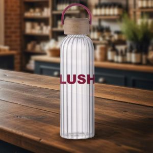Custom 21 oz Glass Bottle with Inner Stripe with Easy Carry Bamboo Lid