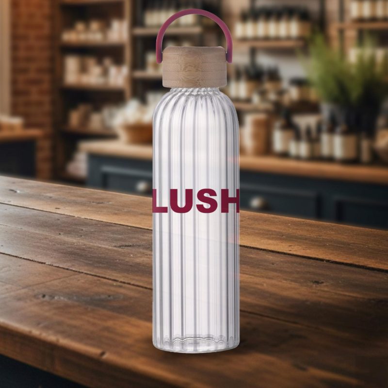 Custom 21 oz Glass Bottle with Inner Stripe with Easy Carry Bamboo Lid
