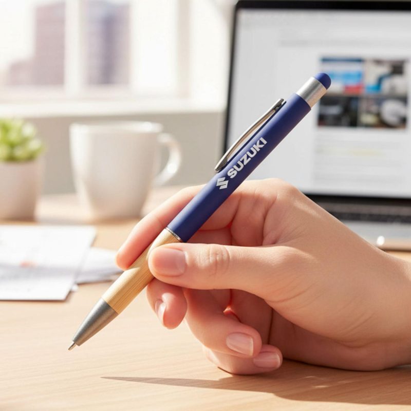 Custom Assias Aluminum Pen w/Bamboo Grip & Blue Refill - 8