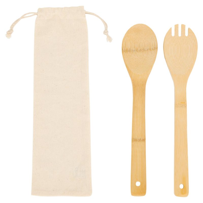 Custom Bamboo Salad Utensils with Cotton Pouch - 1