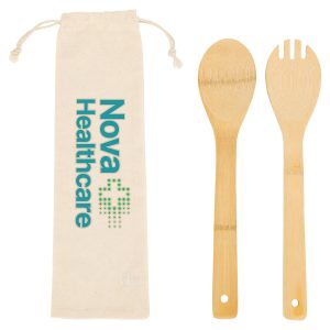 Custom Bamboo Salad Utensils with Cotton Pouch