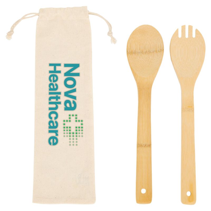 Custom Bamboo Salad Utensils with Cotton Pouch